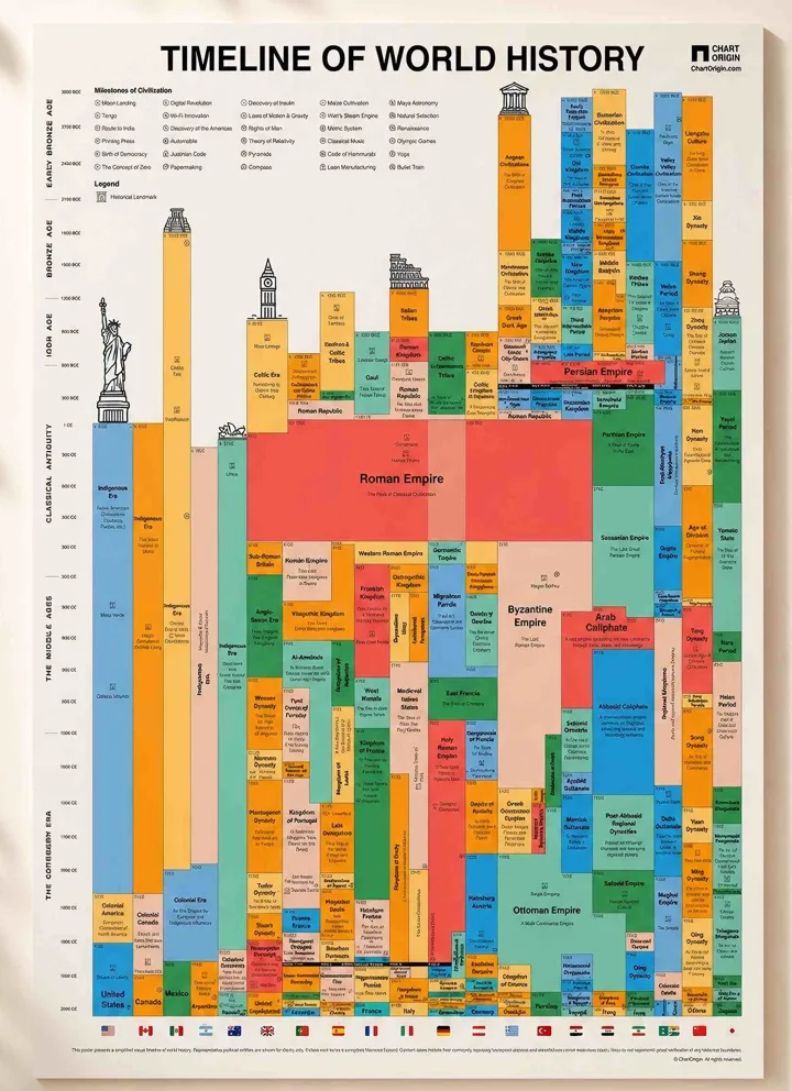 ChartOrigin Timeline of World History poster showing 5,000 years of empires and civilizations