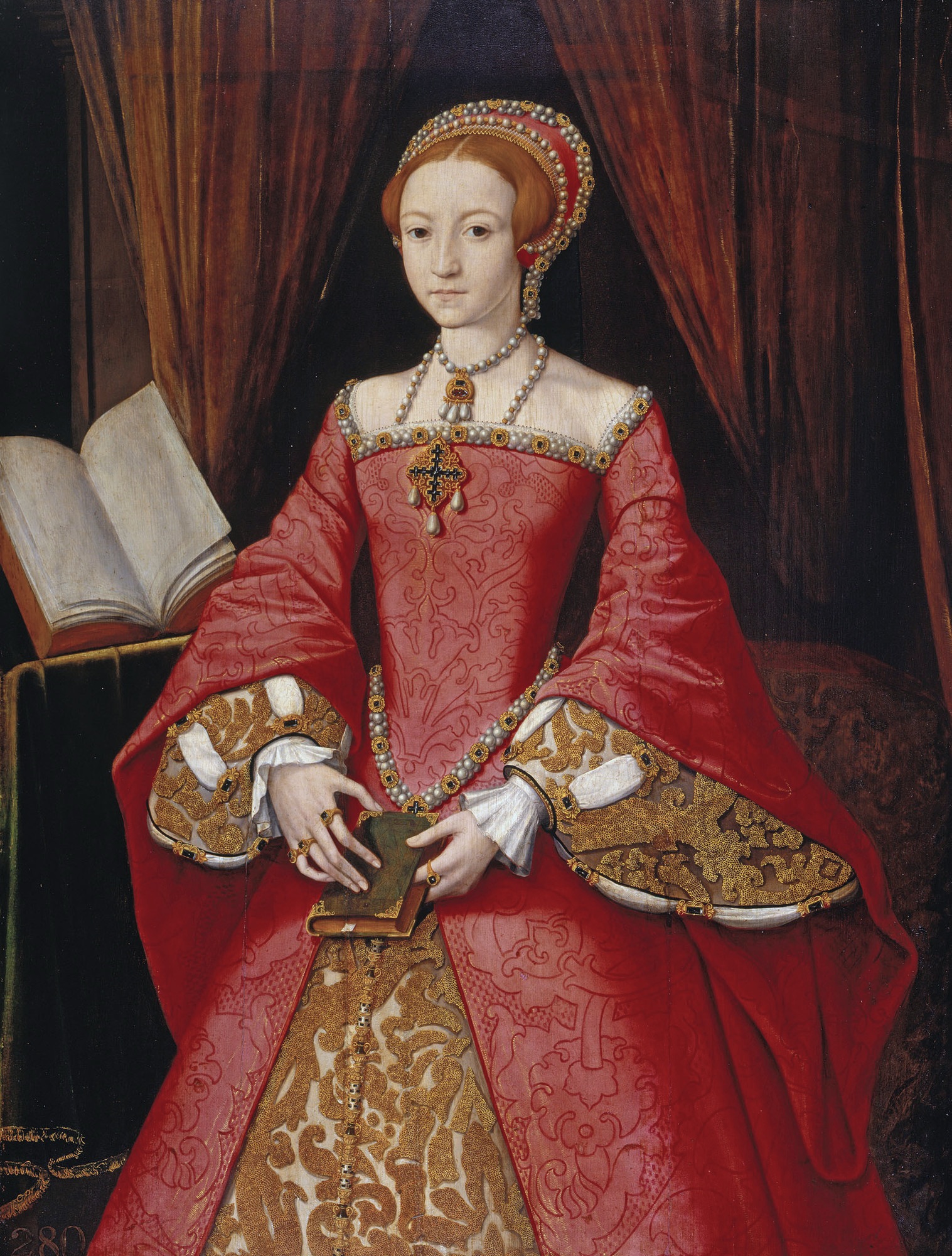 Elizabeth I at about thirteen, standing in a crimson gown and holding a book, in the portrait called Elizabeth I when a Princess