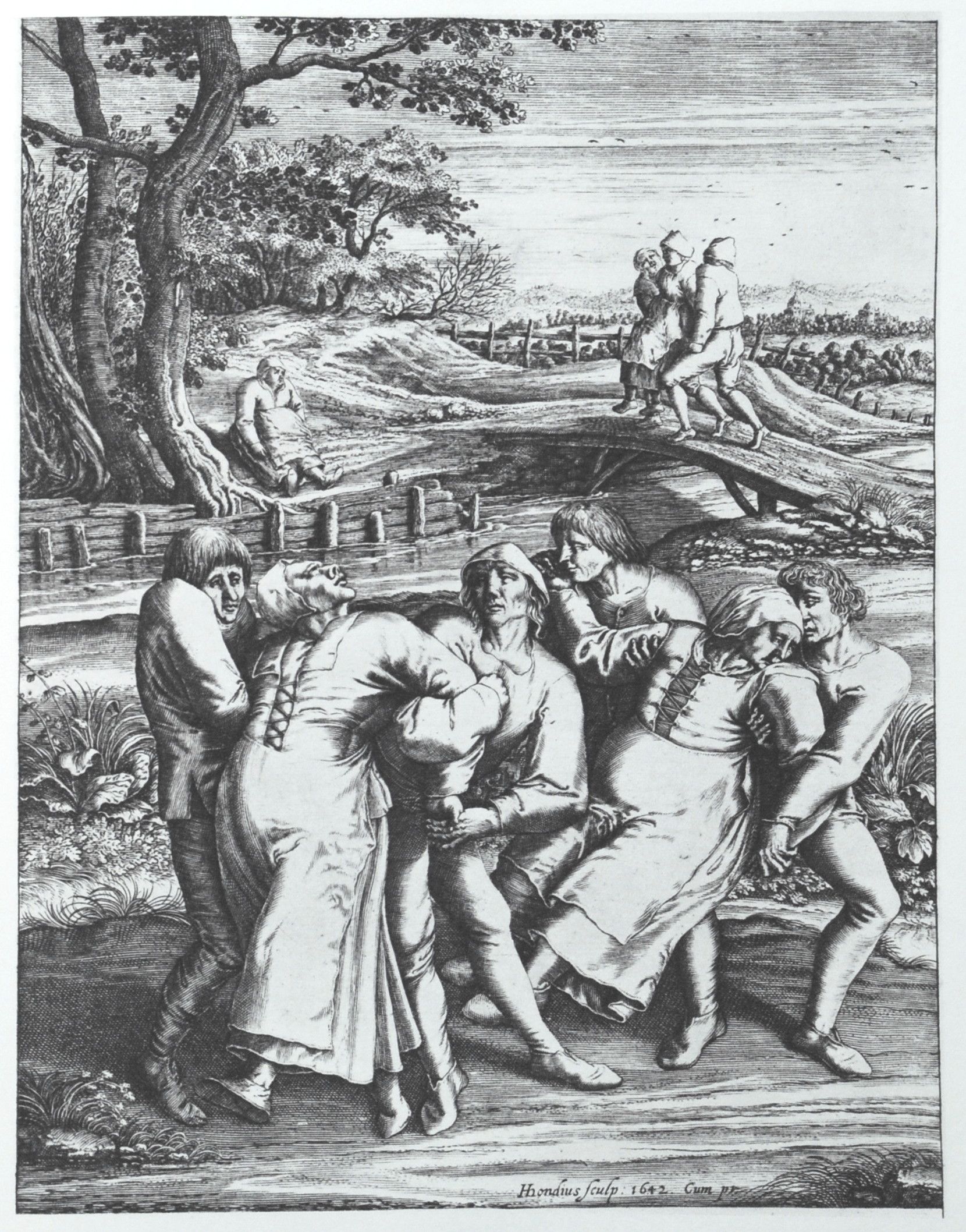 Three women held upright by men in Hendrik Hondius's 1642 engraving after Pieter Bruegel the Elder, of pilgrims associated with the dancing sickness at Molenbeek